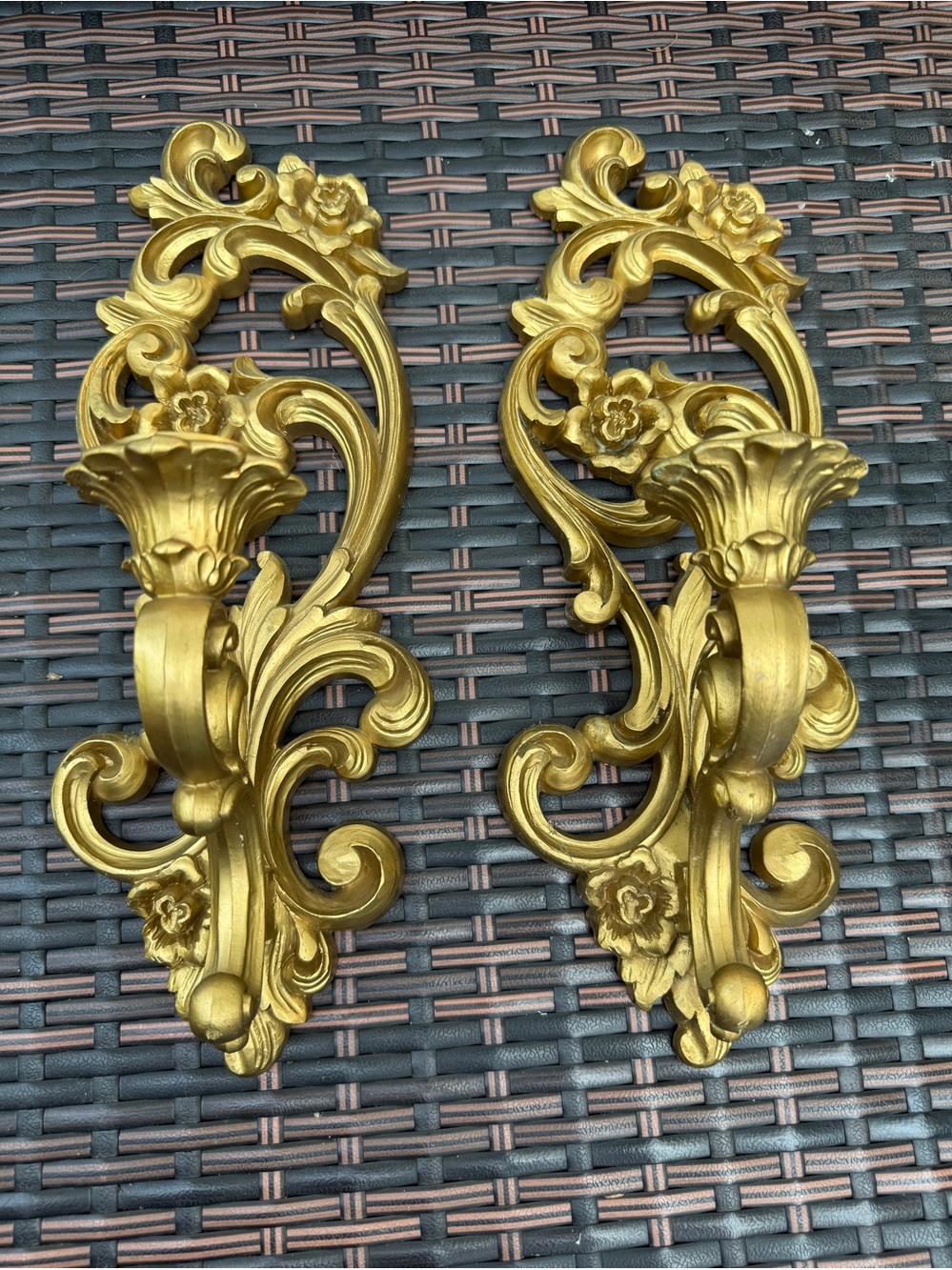 Vintage Homco Gold Candle Holder Wall Sconces/Hangings Set Of 2  MCM Ornate EUC